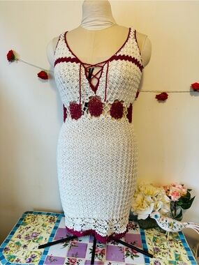 Handmade Boho White Crochet Mini Dress with Dark Pink Accents XS S M